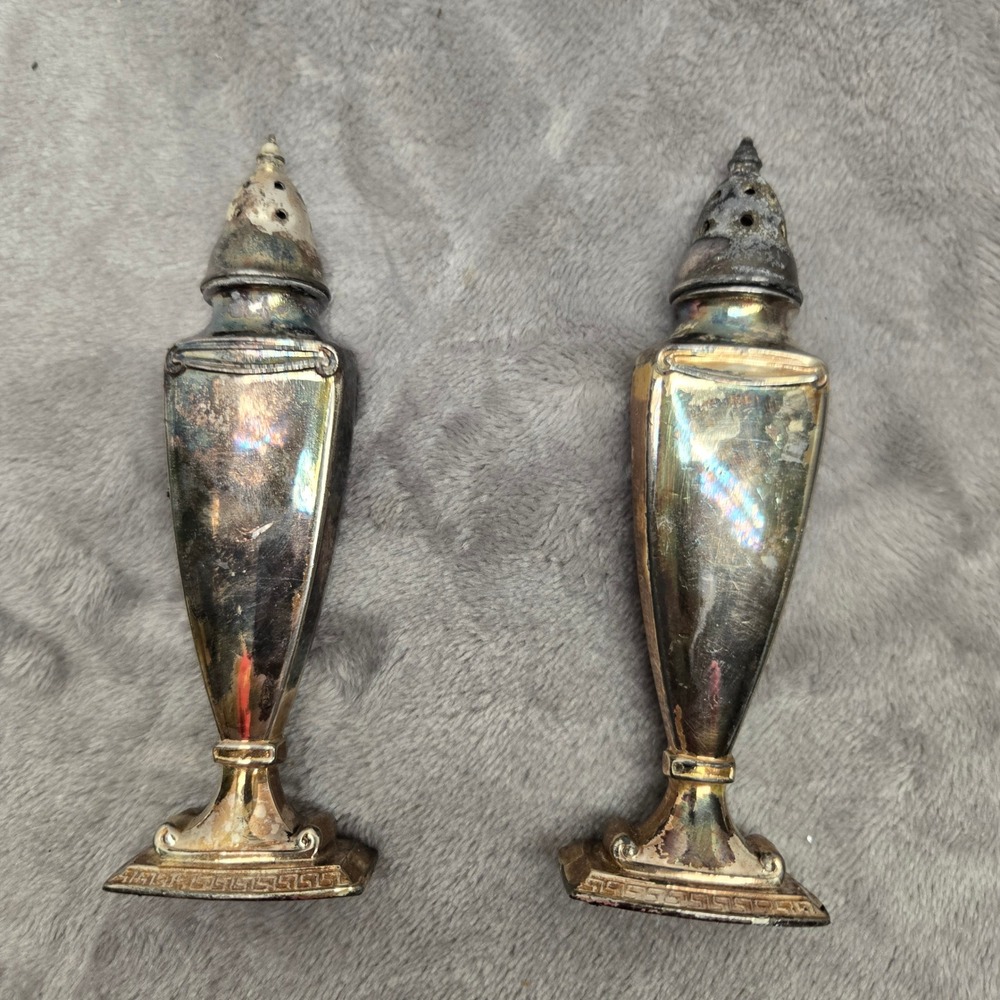 Vintage La France 504 Silver Plate Salt and Pepper Shakers Greek Key USA Made